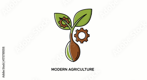Vector icon for modern agriculture combining a plant sprout and industrial gears. Agritech and smart farming concept illustration.