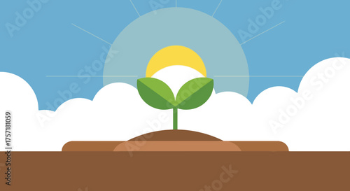 Vector illustration of a young green sprout emerging from soil with the sun in the background. New life, beginning, and growth concept