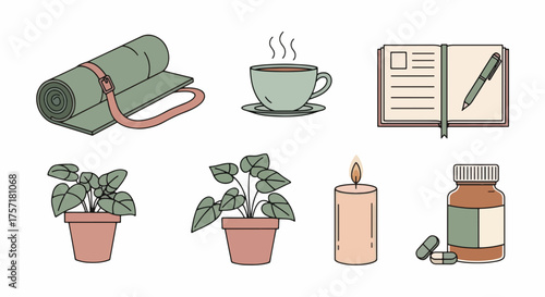 A set of vector icons themed around self-care and wellness. Healthy lifestyle elements including a yoga mat, tea, journal, and supplements. Mental health concept illustration