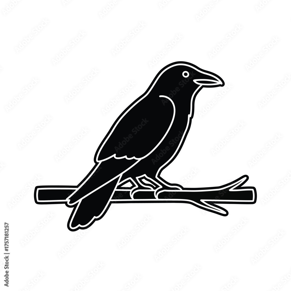 Obraz premium Black Crow Silhouette Perched on Branch Icon, Vector Art