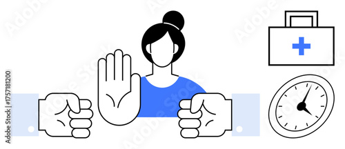 Woman raises hand to signify stop amidst fists, flanked by a clock and medical kit. Ideal for conflict, time pressure, boundaries, workplace stress, mental health, mediation balance. Simple flat