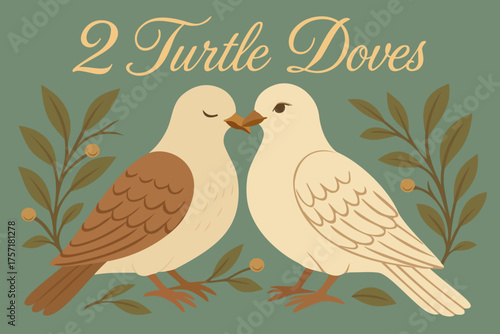Two turtle doves. The twelve days of Christmas. English Christmas carol. Second day. Vector vintage illustration with lettering