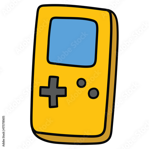 Hand-drawn cartoon retro yellow video game console on a white background.