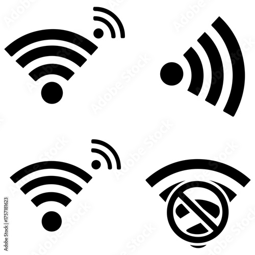 Set of 4 Wireless Connection Icons: Full, Partial, and No WiFi Signal Symbols, Black Silhouette Vector Pack for Network, Internet, and Connection Status, website UI/UX, mobile application design.