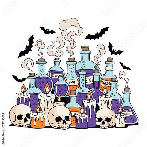 Halloween Potion Bottles, Skulls, Candles, and Bats - Spooky Magic Elixir Collection