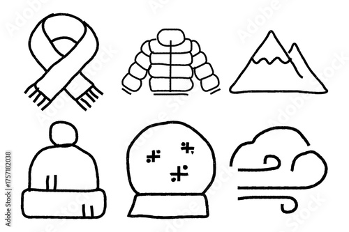 Hand Drawn Winter Icons Vector Set. Cozy Seasonal Stock Illustration on White Background