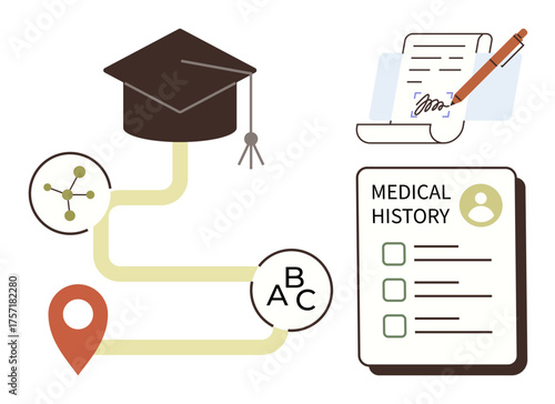 Graduate hat, mapped pathway with nodes, medical history checklist, and signed form. Ideal for education, healthcare, planning, career success medical records innovation. Simple flat metaphor