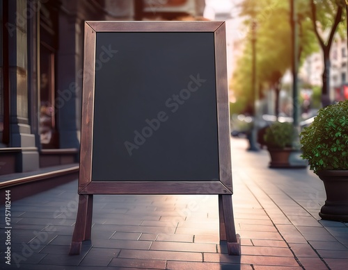 Chalkboard signboard on the sidewalk.  Cafes and restaurants with an empty menu board stand