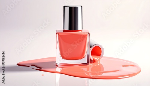 Coral nail polish bottle with spilled product on a reflective surface