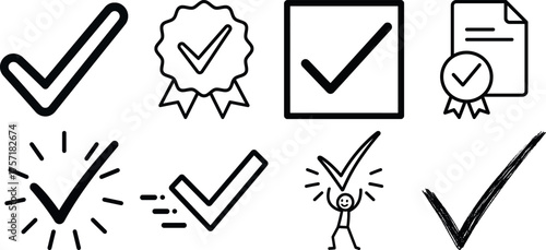 Collection of hand drawn check mark icons and symbols for approval and success