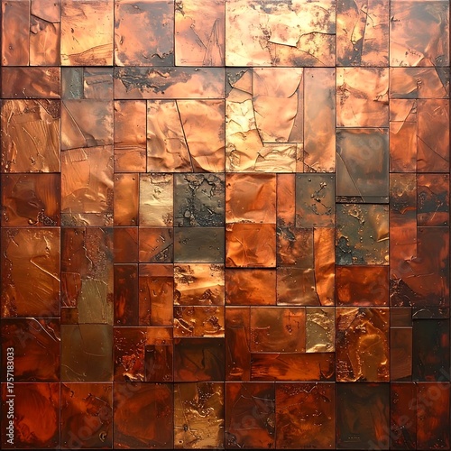 Copper-toned wall art comprised of irregular-sized, metallic tiles
