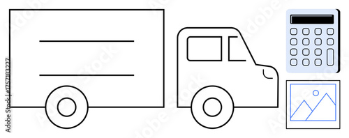 Outline of a delivery truck, basic calculator, and mountain image. Ideal for logistics, transportation, budgeting, cost planning, delivery services, business management simple flat metaphor