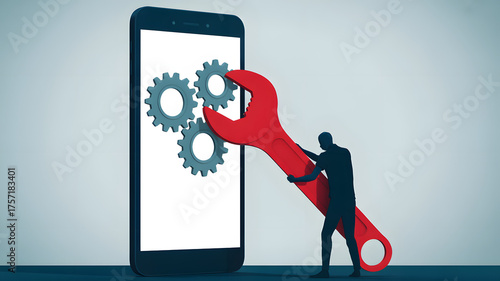 Man with wrench fixing gears inside giant smartphone screen, symbolizing technology repair and app development success