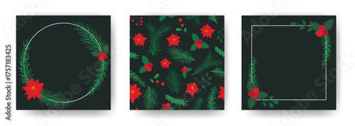 Set of festive Christmas templates for social media posts. Layouts feature oak leaves, berries, poinsettias, fir branches and copy space. Greeting card designs are vector graphics.
