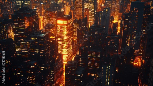 Aerial view of the illuminated skyscrapers of manhattan at night, new york city, usa, showcasing the vibrant cityscape and urban environment