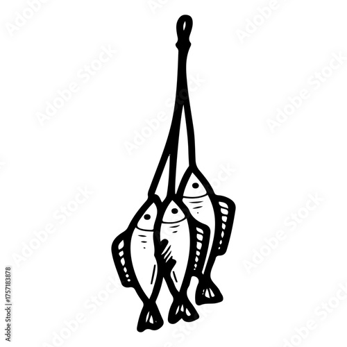 Bunch of caught fish. Hand drawn doodle vector. Fishing. Seafood. Lake recreation. Fresh food. Fishery. Animals, nature. Line art illustration.
