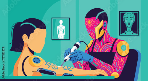 Futuristic robot artist giving a digital tattoo to a cyborg client in a modern studio