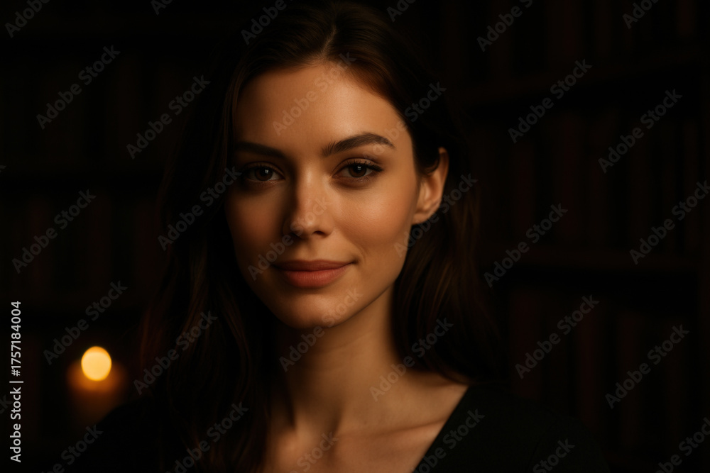 Fototapeta premium Alluring Brunette Woman with Subtle Smile in Dim Library Ambiance Illuminated by Warm Candlelight
