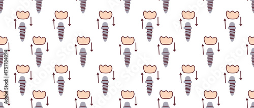 Seamless pattern illustrates tooth replacement with a dental implant. Repetitive background shows process of installing a crown on an abutment for a stomatology clinic or educational material.