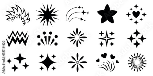 Sparkle icon set, black star burst vector collection, firework and flash shapes, celebration sign symbols, star and glitter graphic pack