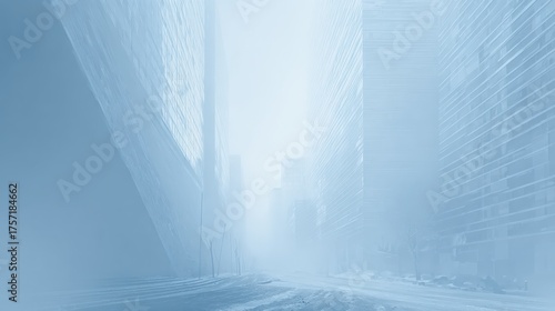 Ethereal city street with snow and fog in winter