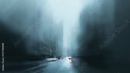 Cars moving on a wet city street, atmospheric daytime scene