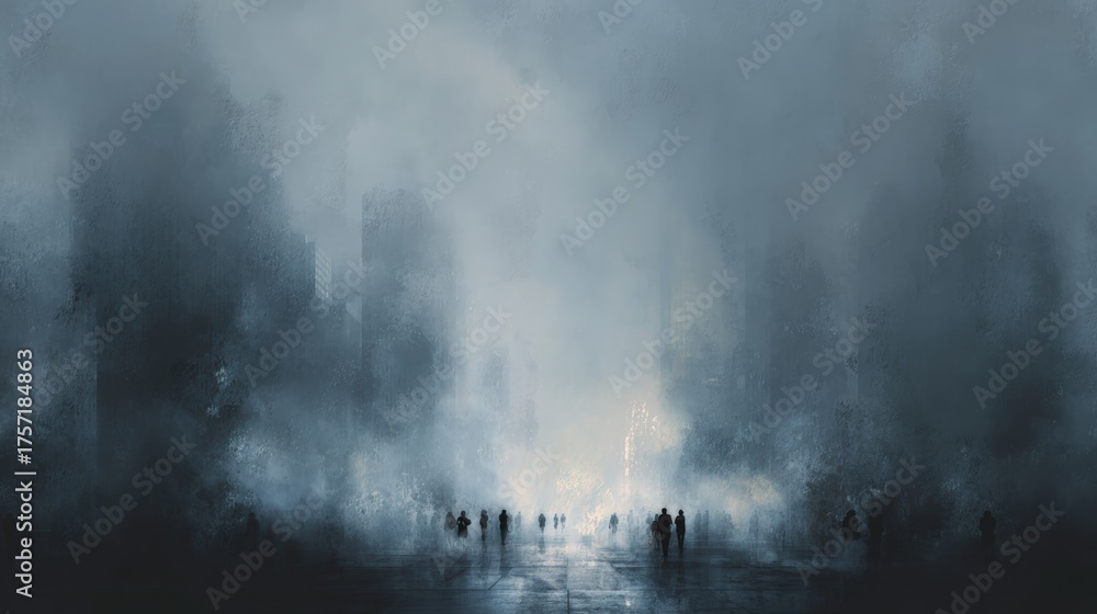 Fototapeta premium Diverse adults walking in foggy urban plaza during twilight