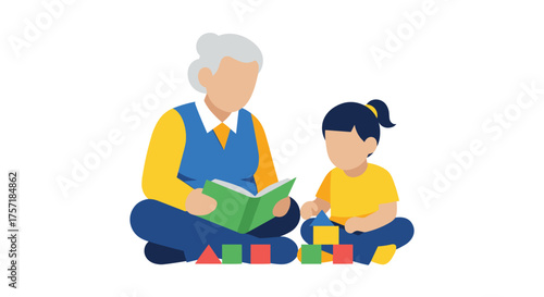 Grandmother Reading Story to Grandchild with Colorful Blocks and Shapes Learning