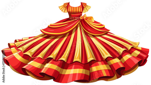 Very beautiful red and gold striped dress with glossy satin fabric and layered tulle skirt, elegant and festive fashion design placed on white background, perfect for vector artwork.