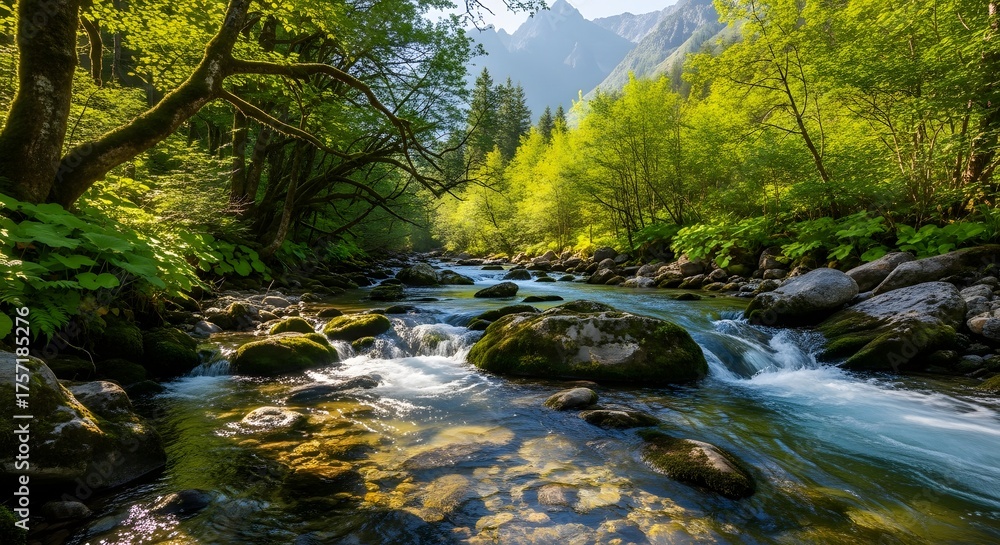 Obraz premium Serene forest stream with lush greenery and sunlight filtering through trees