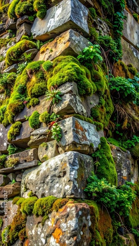 Corner of stone structure overgrown with vibrant green moss and vegetation