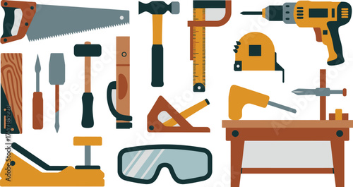 Assorted Carpentry and Woodworking Tools Including Saw, Hammer, Drill, and Safety Goggles Arranged Neatly