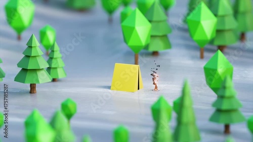 Low poly camping, yellow tent, frozen forest with evergreen trees, campfire, smooth panorama