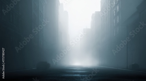 Mysterious urban street with tall buildings in heavy fog