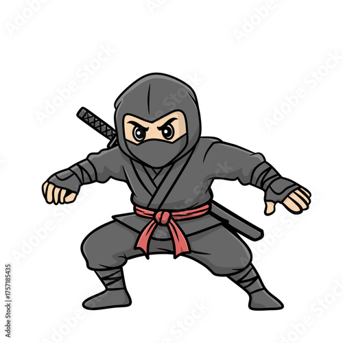 Cartoon ninja character wearing black costume and red belt, ready for action with katana sword. Vector illustration of Japanese martial arts fighter in pose