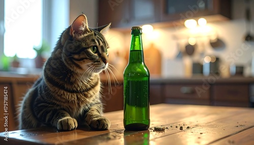Domestic cat sits next to a green glass bottle on a wooden table