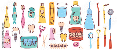 A large collection of dental care items. Includes toothbrush, paste, floss, irrigator, braces, and dentist tools. Set for oral hygiene, orthodontics, and stomatology concepts.