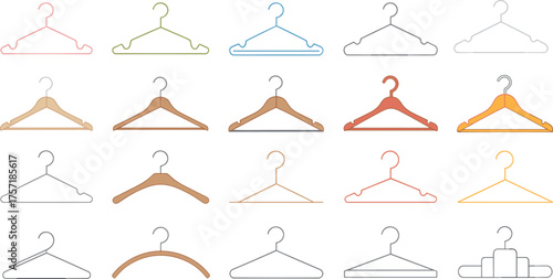 Set of 20 Unique Clothes Hangers in Various Styles and Materials for Fashion, Retail, Closet Organization, and Home Decor Concepts