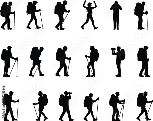 Silhouette hikers with backpacks walking, trekking, exploring nature, mountain climbing, adventure travel, outdoor activity, camping and wilderness exploration vector illustration