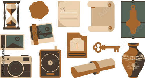 Assorted Vintage Collectibles Camera, Sand Timer, Photos, Scroll, Vase, Record Player, Key, and Paper Notes