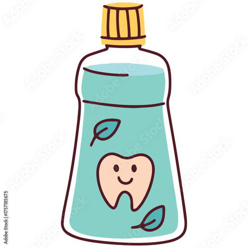 A bottle of mint mouthwash for daily oral hygiene. Product for rinsing, killing bacteria, and freshening breath. Vector illustration for dental care or bathroom products.