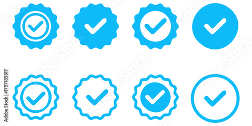 blue verified check mark badge icons set: social media, profile, and guarantee symbols collection
