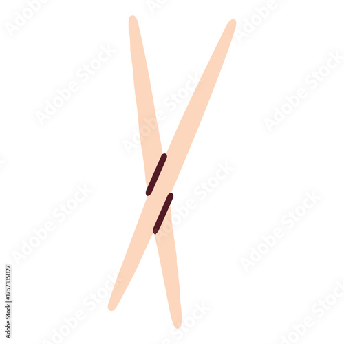 Two wooden toothpicks for cleaning food particles from between teeth. A simple tool for personal oral hygiene after eating. Vector illustration isolated on a white background.