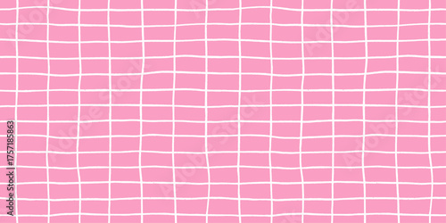 Check seamless pattern grid hand-drawn lines creating a playful background with pink wavy square doodle textured stripes, perfect for cute designs and modern decor in vector crayon illustration.