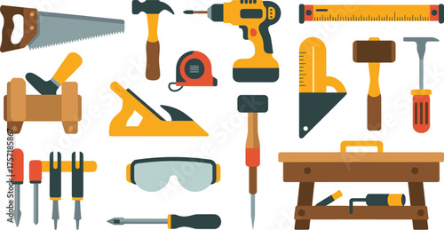 Assortment of Carpentry Tools Saw, Hammer, Drill, Plane, Screwdrivers, Safety Glasses, Measuring Tape, and Workbench