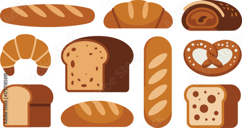 Assortment of Cartoon Bread Including Loaves, Baguettes, Croissant, Pretzel, and Roll on White Background
