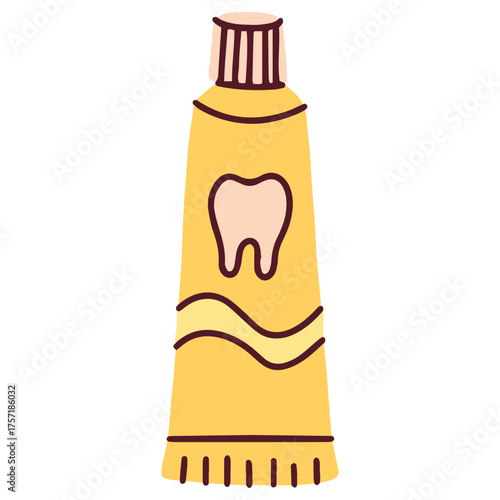 A yellow tube of toothpaste featuring a cute smiling tooth character. This daily dental care product is essential for brushing, cleaning teeth, preventing cavities, and maintaining overall oral health