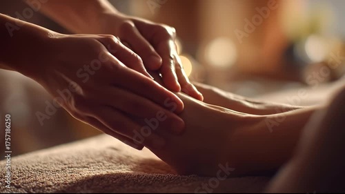 Wallpaper Mural A woman massages a foot with her hands, as the woman focuses on soothing the foot gently. The hands move delicately over the foot, emphasizing relaxation and care for the foot. Torontodigital.ca
