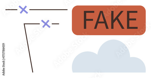 Cross markers, a red fake label, and a cloud concept emphasize misinformation detection. Ideal for technology, internet, media literacy, critical thinking, education, cybersecurity social awareness