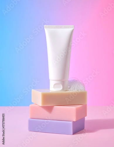 Cosmetic tube on stack of soaps against vibrant background